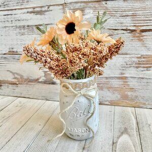 Handmade White Mason Jar Vase w Faux Lt. Pink/Green Floral & Jute Twine Bow